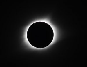 An image of a total eclipse of the sun. The black circle of the moon ringed with the white corona halo of the sun, against a black backdrop.